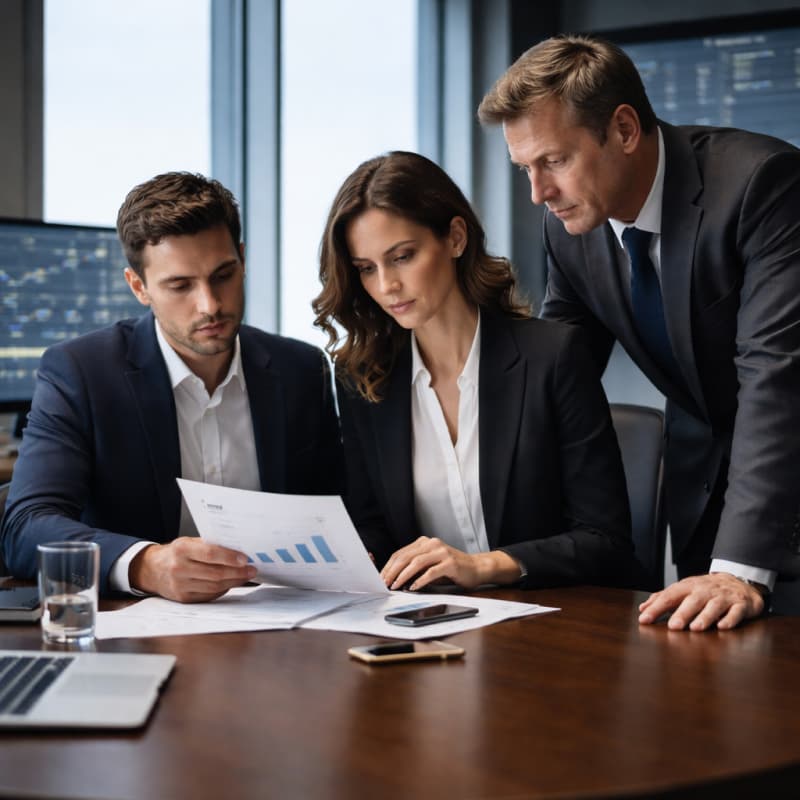 Especialistas analisando relatórios financeiros