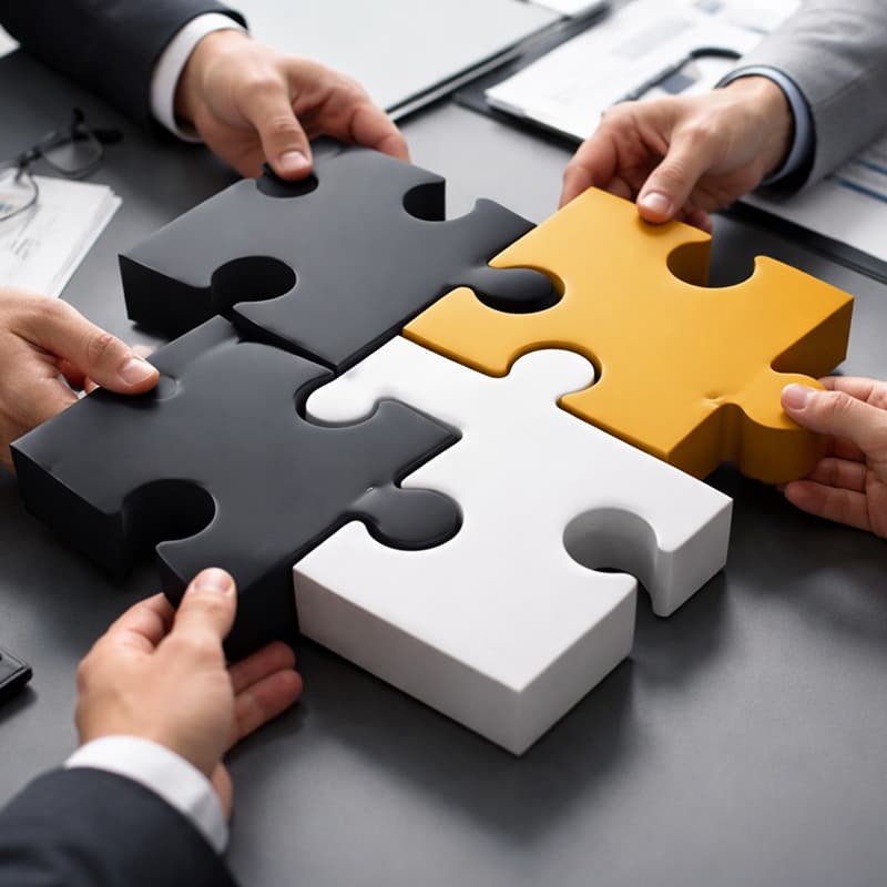 Equipe montando peças de quebra-cabeça, simbolizando organização financeira